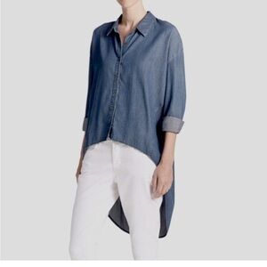 The Fisher Project Chambray Shirt Women M Blue Denim High Low Coastal Minimal
